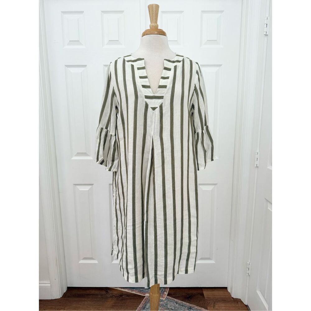 Soft Surroundings Rue Jussieu Dress White Green Stripe Linen Blend Tunic Dress M